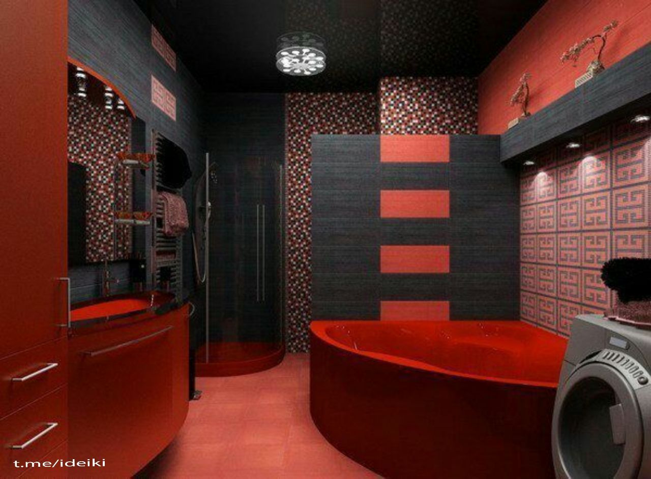 красная плитка в ванной дизайн